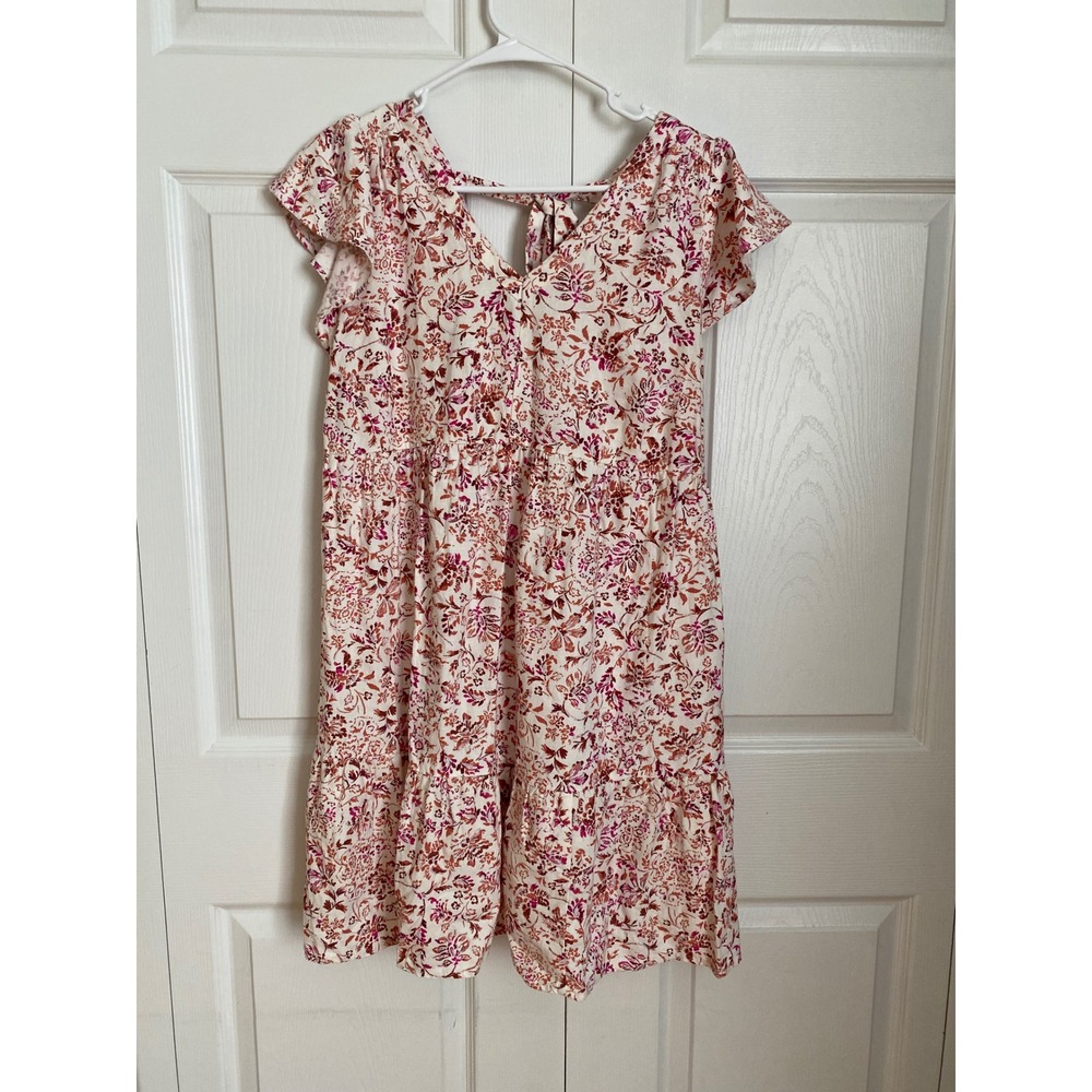 Isabel Maternity Floral Linen Blend Tiered Mini Dress Pink Orange Small Tie Back